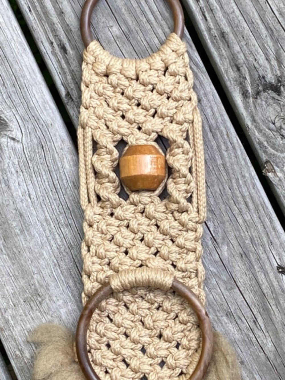 Vintage Brown & Beige Color Macrame Towel Holder with Wooden Bead Mcm 1970's